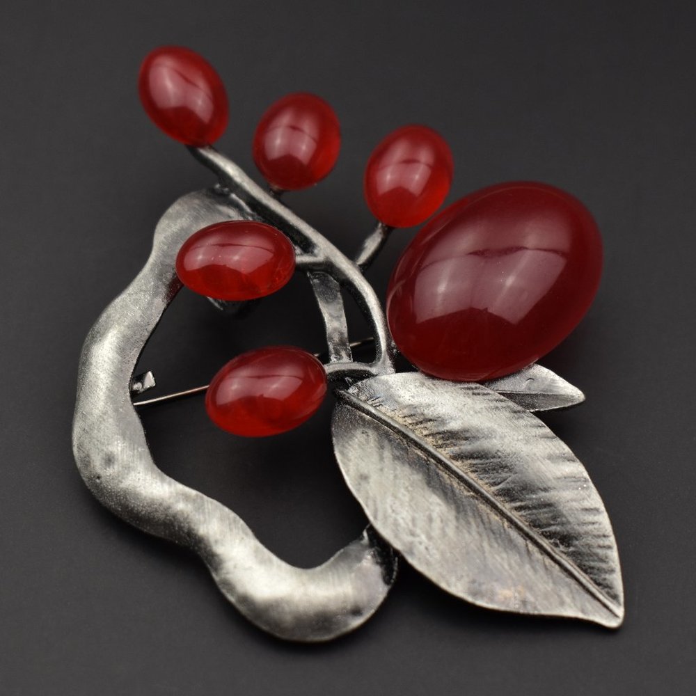 Large branch brooch silver tone, accent red berries brooch